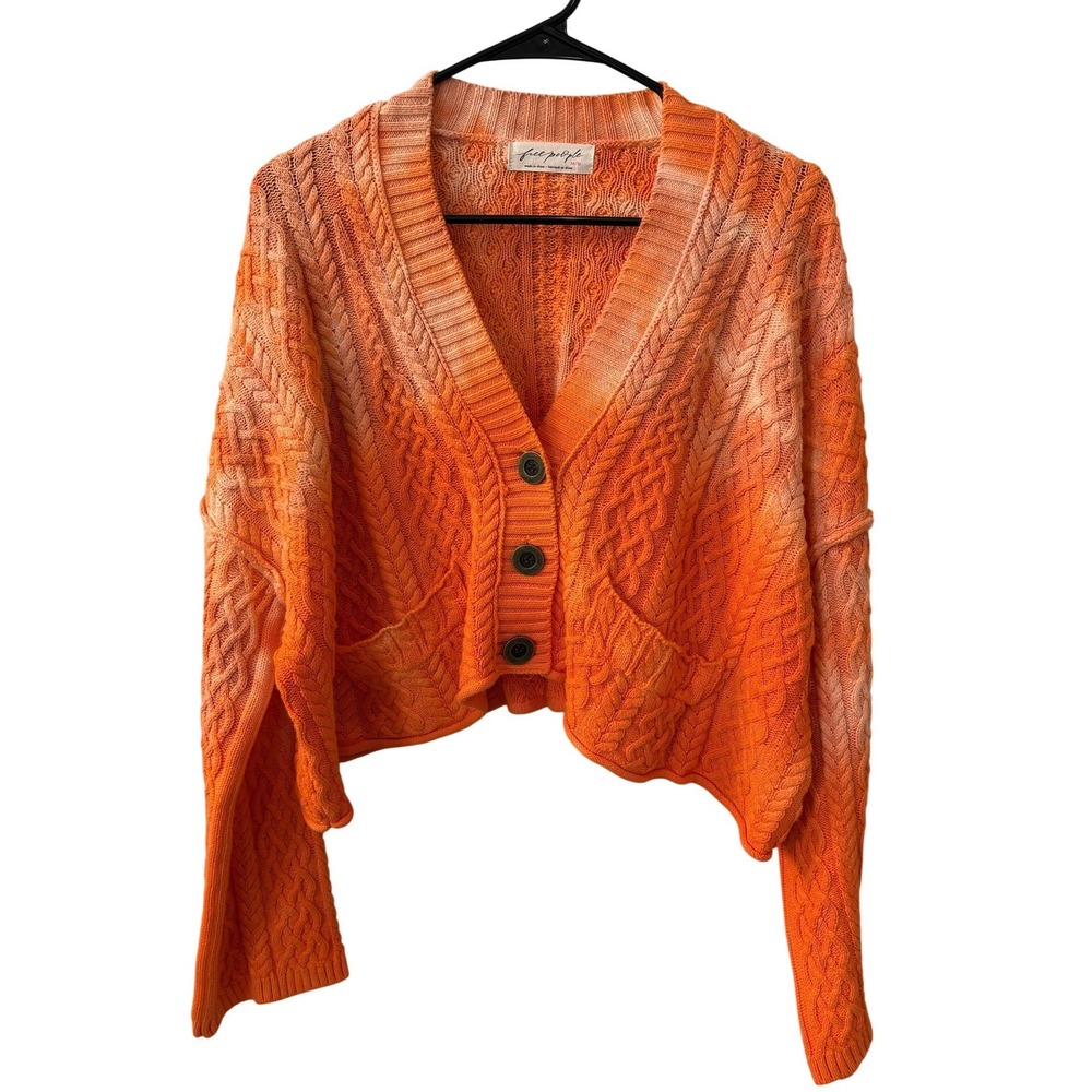 Free People Washed Ashore Cardigan Orange Ombre Cable Knit‎ Sweater XS Oversized